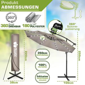 Tillvex Aluminiowy parasol słoneczny Cappuccino LED Solar Ø 350 cm z korbką | Parasol z włącznikiem/wyłącznikiem | Parasol ogrodowy z ochroną UV, aluminiowy | Parasol z korbką i stojakiem, parasol targowy, wodoodporny