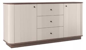 Komoda Vesper 160 cm z szufladami na cokole - kaszmir / orzech / czarne uchwyty