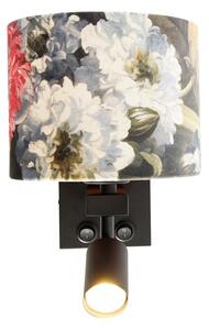 Kinkiet / Lampa scienna czarny z lampką do czytania i abażurem kwiaty 18 cm - Brescia Oswietlenie wewnetrzne