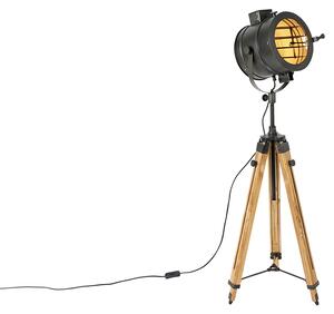 Czarna lampa podłogowa Tripod z drewnianym studyjnym spotem - Radient Oswietlenie wewnetrzne