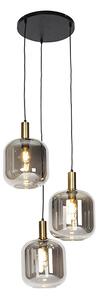 Designerska lampa wisząca czarna ze złotem z przydymionym szkłem 3-punktowa - Zuzanna Oswietlenie wewnetrzne