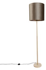Drewniana lampa podłogowa z aksamitnym abażurem w kolorze taupe 40 cm - Mels
