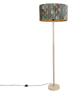 Drewniana lampa podłogowa z owalnym, aksamitnym abażurem z motywem liści, 50 cm - Mels