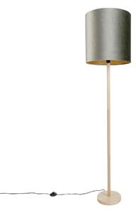 Drewniana lampa podłogowa z zielonym aksamitnym abażurem 40 cm - Mels