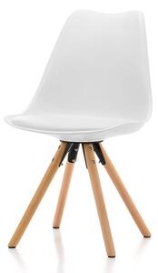 Krzesło skandynawskie TM37, białe z białą poduszką z ekoskóry, drewniane nogi