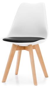 Krzesło skandynawskie TM03, białe z czarną poduszką z ekoskóry, drewniane nogi, nowoczesny design