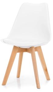 Krzesło skandynawskie TM03, białe z białą poduszką z ekoskóry, drewniane nogi, nowoczesny design
