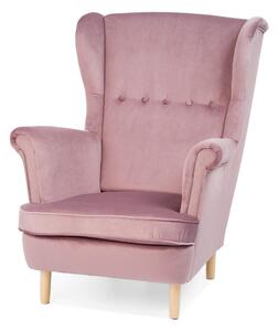 Fotel uszak pudrowy róż TM155 na drewnianych, solidnych nogach