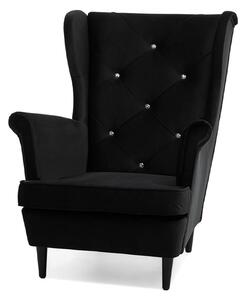 Fotel uszak TM157 czarny z kryształkami, drewniane czarne nogi