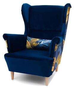 Fotel uszak niebieski w kwiaty TM151 na drewnianych nogach