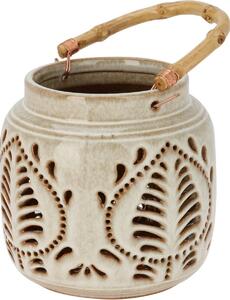 Latarnia porcelanowa z uchwytem bambusowym 14,5 x14 cm, beżowy
