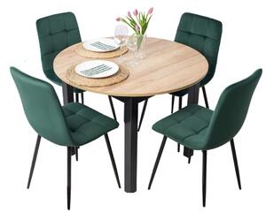Zestaw stół okrągły rozkładany harry i 4 krzesła tapicerowane peru zielone welurowe do jadalni