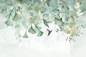Samoprzylepna tapeta zielone liście z kolibrami