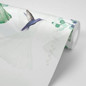 Samoprzylepna tapeta zielone liście z kolibrami