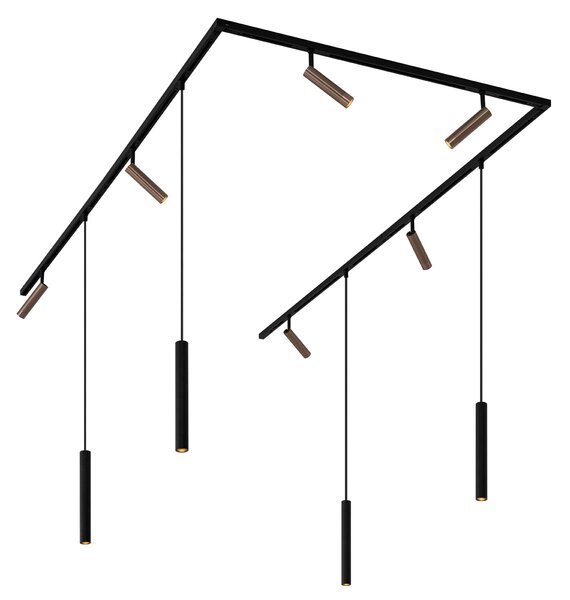 Nowoczesny system oświetlenia szynowego Slimline Uzzy Keno z 6 reflektorami i 4 lampami wiszącymi, ciemny brąz, 1-fazowy