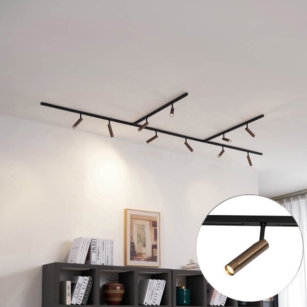 Nowoczesny system oświetlenia szynowego z 10 reflektorami w kolorze ciemnego brązu, jednofazowy - Slimline Uzzy