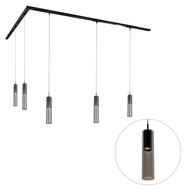 Nowoczesny system oświetlenia szynowego z 5 czarnymi lampami wiszącymi 1-fazowymi - Iconic Lloyd