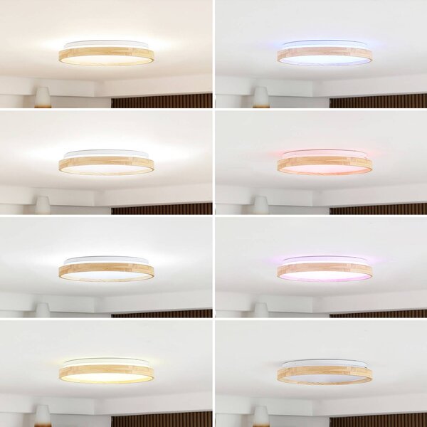 Inteligentna lampa sufitowa Mirren Lindby, możliwość ściemniania, jasne drewno, salon / jadalnia, tworzywo sztuczne, nowoczesny