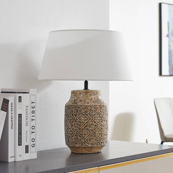 Lampa stołowa Aelith Lindby, aluminiowy / szary / cynkowy, salon / jadalnia, tkanina / materiał / jedwab, dworkowy / rustykalny