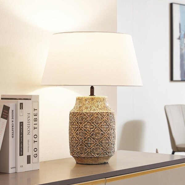 Lampa stołowa Aelith Lindby, aluminiowy / szary / cynkowy, salon / jadalnia, tkanina / materiał / jedwab, dworkowy / rustykalny