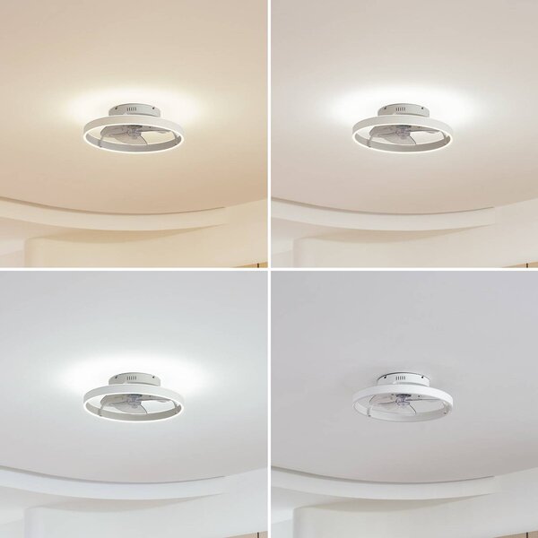 Wentylator sufitowy LED Lindby Momitu, biały, aluminium, Ø 50 cm Momitu Lindby, możliwość ściemniania, biały / opal, salon / jadalnia, aluminium, nowoczesny
