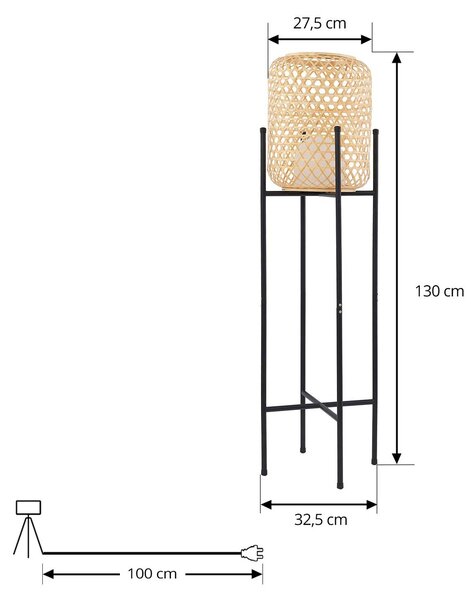Lucande lampa stojąca LED Adebi, czarna, bambus, Ø32,5cm Adebi Lucande, możliwość ściemniania, czarny, aluminium, dworkowy / rustykalny