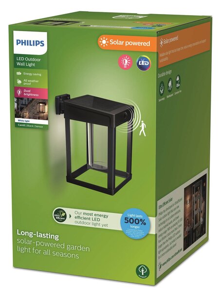 Philips Lampa ścienna z czujnikiem solarnym Camill czarna/przezroczysta 14 x, czarny, tworzywo sztuczne, nowoczesny
