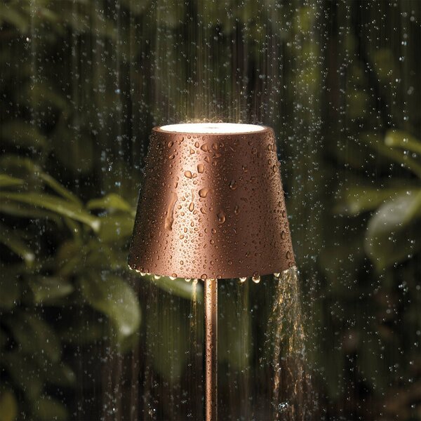 Sigor Akumulatorowa lampa stołowa LED Nuindie mini, USB-C, brązowa, IP54, ściemniana. Nuindie, możliwość ściemniania, brązowy / mosiężny, salon / jadalnia, aluminium, nowoczesny