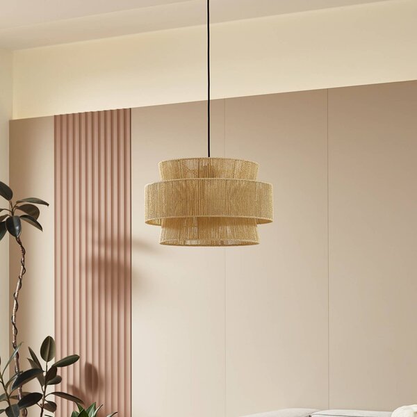 Lampa wisząca Anuva Lindby, możliwość ściemniania, jasne drewno, salon / jadalnia, papier / lunolit / lunopal, dworkowy / rustykalny