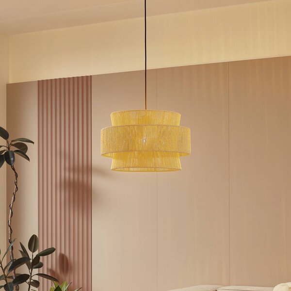 Lampa wisząca Anuva Lindby, możliwość ściemniania, jasne drewno, salon / jadalnia, papier / lunolit / lunopal, dworkowy / rustykalny
