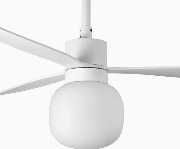 FARO BARCELONA Wentylator sufitowy LED Amelia Ball L, biały, prąd stały, cichy, 132 cm Ball, możliwość ściemniania, biały / opal, salon / jadalnia, tworzywo sztuczne, nowoczesny