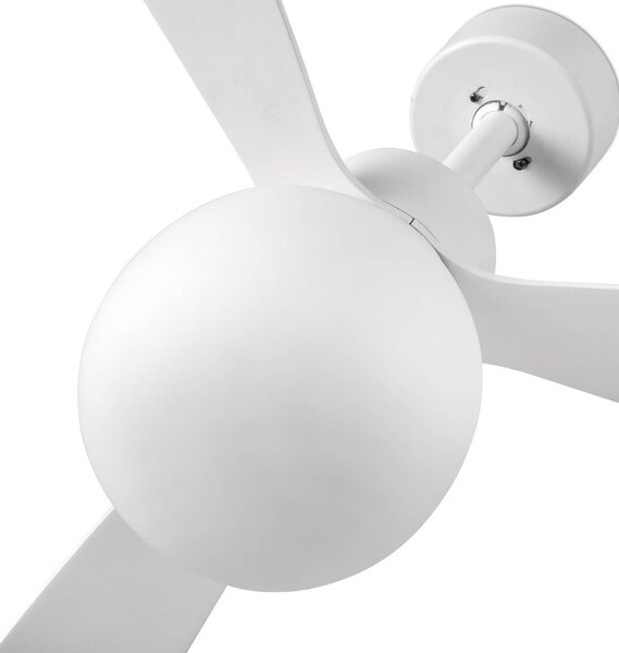 FARO BARCELONA Wentylator sufitowy LED Amelia Ball L, biały, prąd stały, cichy, 132 cm Ball, możliwość ściemniania, biały / opal, salon / jadalnia, tworzywo sztuczne, nowoczesny