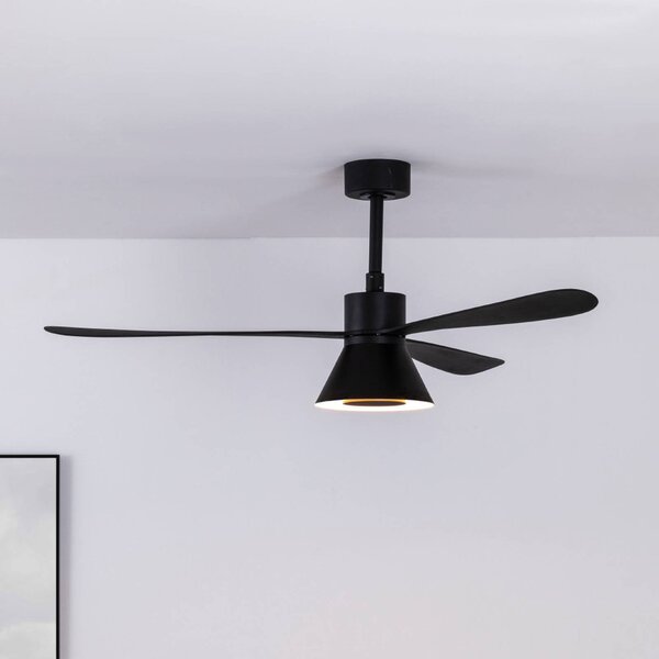 FARO BARCELONA Wentylator sufitowy LED Amelia Cone L, czarny, cichy, 132 cm możliwość ściemniania, czarny, salon / jadalnia, tworzywo sztuczne, nowoczesny