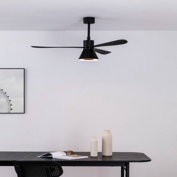 FARO BARCELONA Wentylator sufitowy LED Amelia Cone L, czarny, cichy, 132 cm możliwość ściemniania, czarny, salon / jadalnia, tworzywo sztuczne, nowoczesny