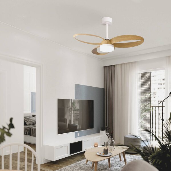Mantra Iluminación Wentylator sufitowy LED Infinity z wykończeniem drewnopodobnym, cichy, Ø 93 cm, Infinity, możliwość ściemniania, jasne drewno, salon / jadalnia, tworzywo sztuczne, nowoczesny