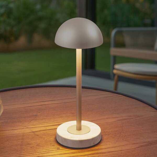 Lindby lampa stołowa LED akumulatorowa Pippin, złoto/trawertyn, IP44 Pippin Lindby, możliwość ściemniania, mosiężny / złoty, metal, nowoczesny