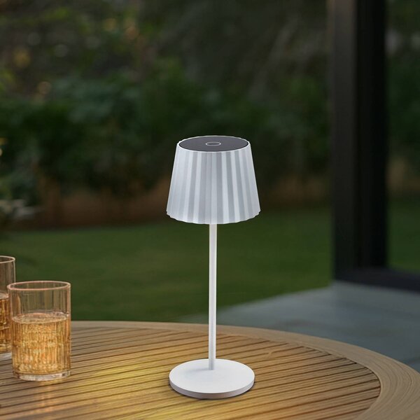 Lindby lampa stołowa LED akumulatorowa Esali, biała, rowki, 29 cm Esali Lindby, możliwość ściemniania, biały / opal, salon / jadalnia, aluminium, nowoczesny