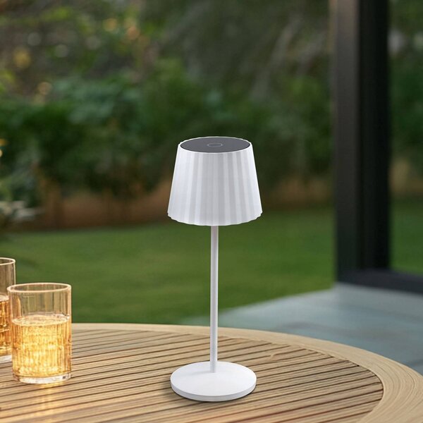 Lindby lampa stołowa LED akumulatorowa Esali, biała, rowki, 29 cm Esali Lindby, możliwość ściemniania, biały / opal, salon / jadalnia, aluminium, nowoczesny