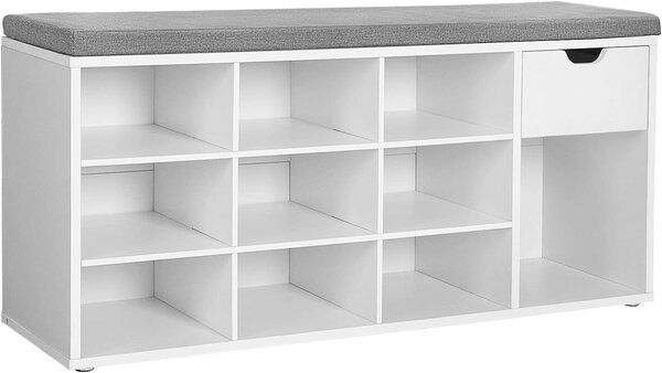 Szafka na buty z ławką z szarym siedziskiem i szufladą WESO WHITE 104x30x48 cm, biały