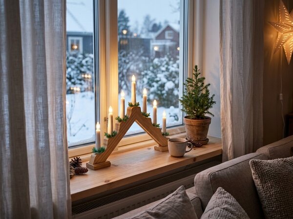 Świąteczny świecznik do okna HOLLY NIGHT drewniany 7 LED, biały