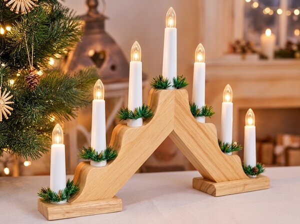 Świąteczny świecznik do okna HOLLY NIGHT drewniany 7 LED, biały