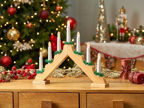 Świąteczny świecznik do okna HOLLY NIGHT drewniany 7 LED, biały