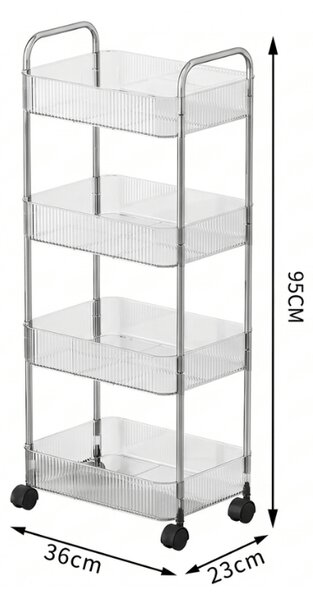 Regał na kółkach 4 półki CLARY 95x36 cm, przezroczysty/srebrny