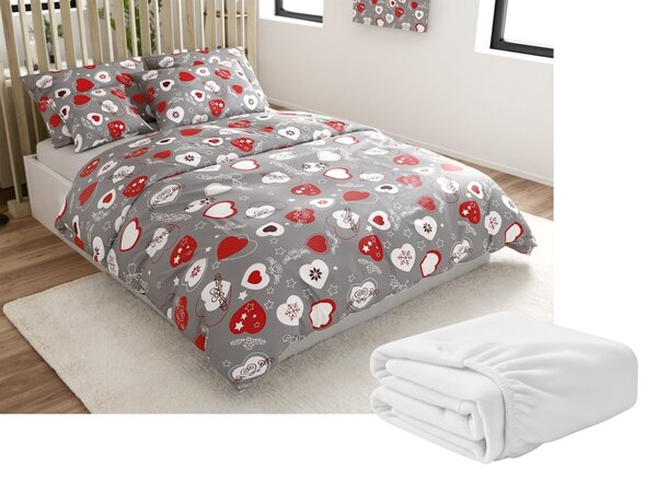 Zestaw pościeli z mikropluszu CHRISTMAS HEART szare + prześcieradło z mikropluszu SOFT 180x200 cm białe, podwójne łóżko