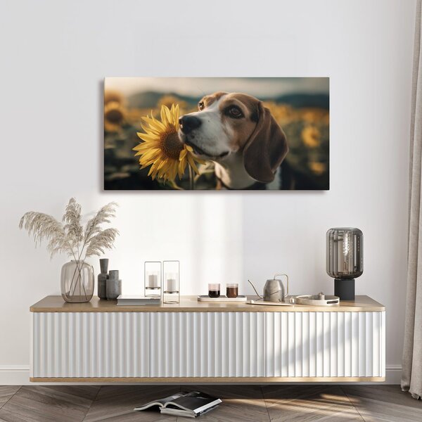 Obraz beagle ze słonecznikiem