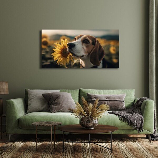 Obraz beagle ze słonecznikiem