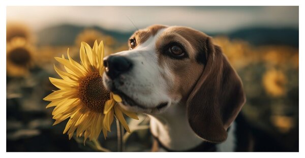 Obraz beagle ze słonecznikiem