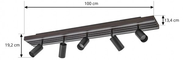 Lucande Reflektor sufitowy LED Tiron, 5-punktowy, 100 cm, dąb Tiron Lucande, możliwość ściemniania, ciemne drewno, salon / jadalnia, drewno, nowoczesny