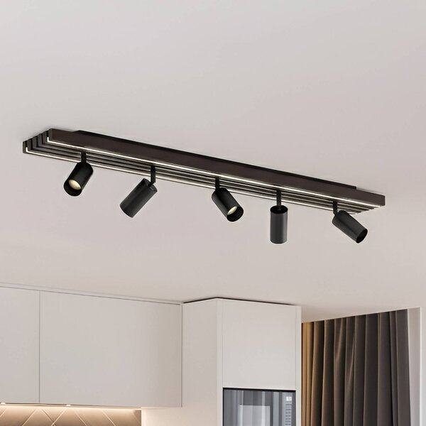 Lucande Reflektor sufitowy LED Tiron, 5-punktowy, 100 cm, dąb Tiron Lucande, możliwość ściemniania, ciemne drewno, salon / jadalnia, drewno, nowoczesny