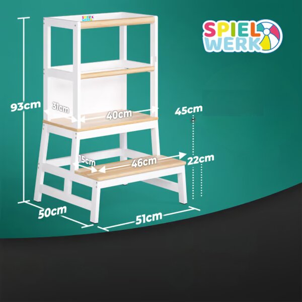 Wieża edukacyjna PLAY z drewna sosnowego, 93x51x50cm, biała/naturalny brąz Spielwerk